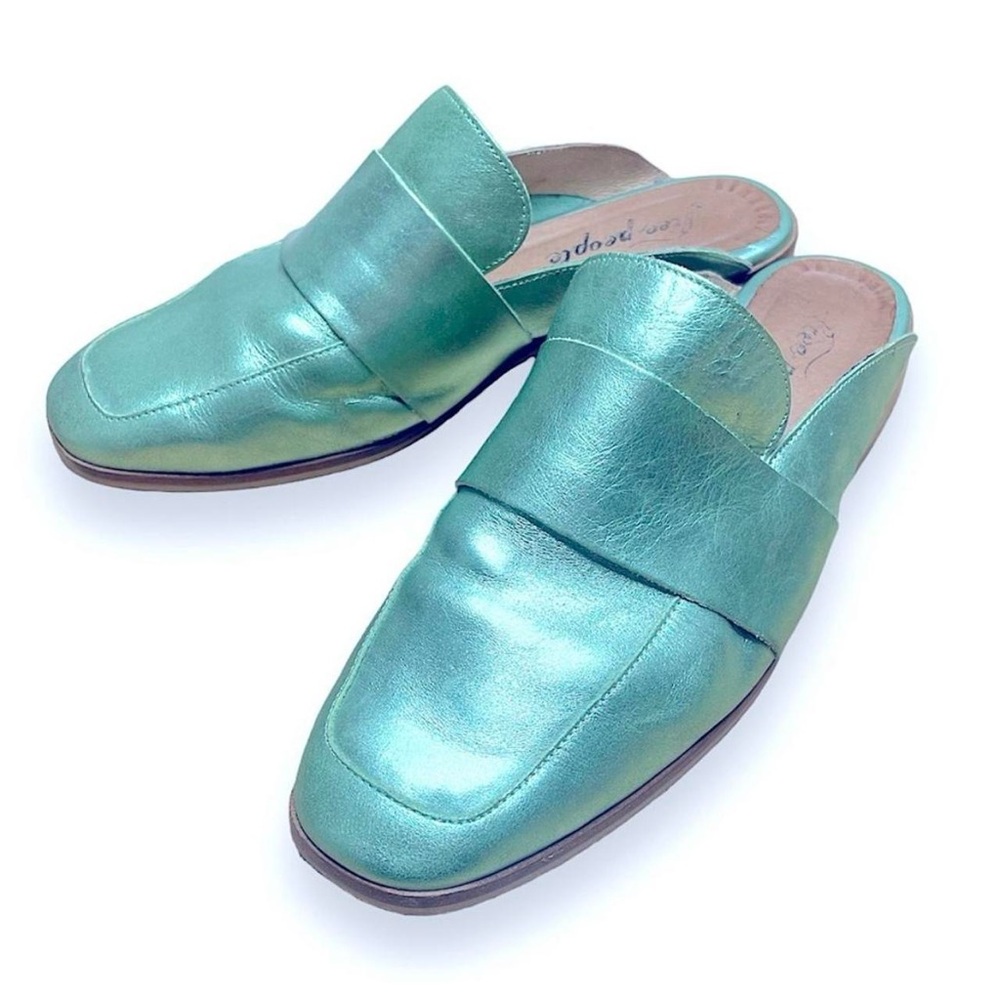 Free People Metallic Green Leather Mules Loafers slip ons